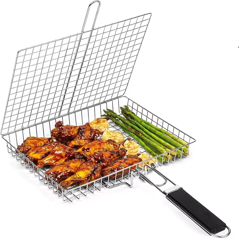 Grill Basket Stainless Steel Large Folding Grilling Baskets Portable Outdoor Camping BBQ Rack for Fish Cooking Accessories