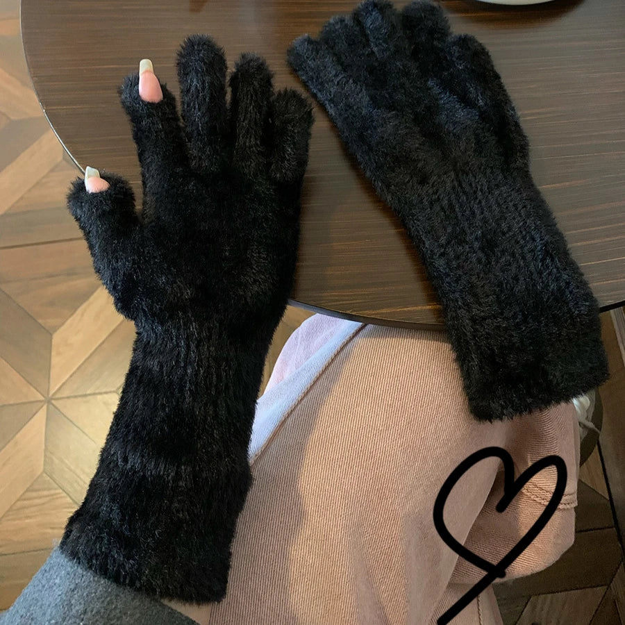 Sweet Mink Wool Long Gloves Women Winter Thicken Knitted Warm Short Fluffy Plush Mittens Protective Arm Anti-cold Outdoor Gloves