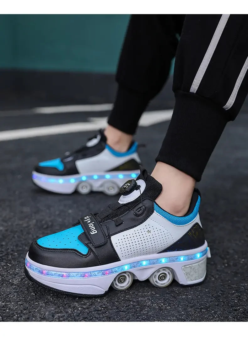 LED Light Deform Wheel Skates Roller Skate Shoes With 4-Wheel  Deformation Parkour Runaway Sneakers Children Adult Rounds Walk