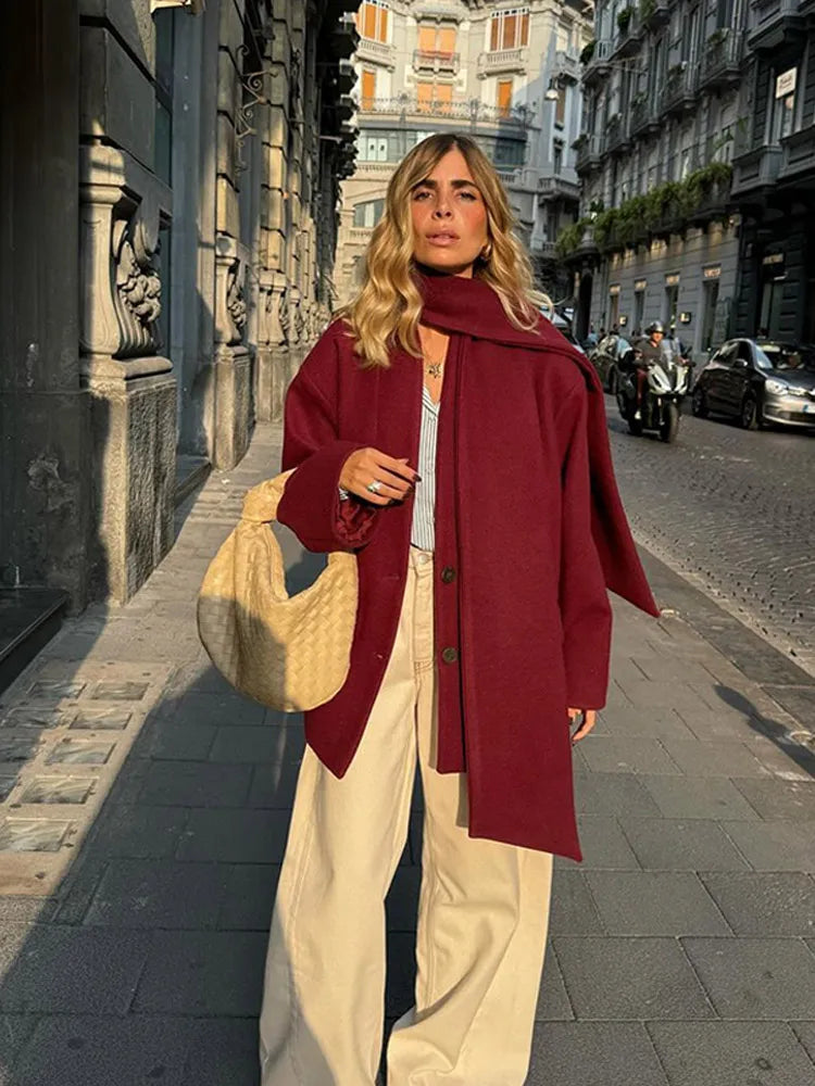 2024 New Fashion Burgundy Red Woolen Suit Jacket With Scarf Collar Women Chic Oversized Flip Pockets Solid Coats Lady Streetwear