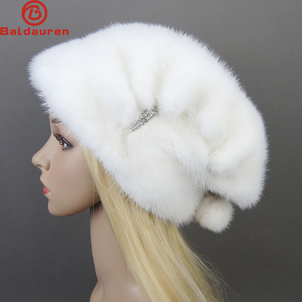 2024 Fashion Hot Whole Genuine Mink Fur Hats Female Winter With Mink Fur Pompons Elegant Luxury High Quality Ladies Beanie Hat