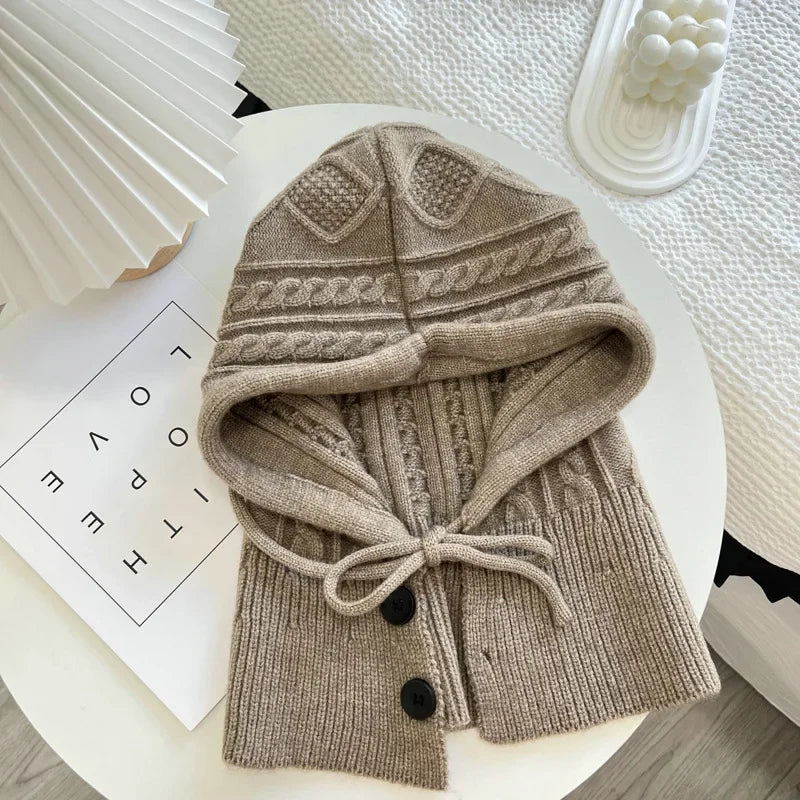 Knitted Balaclava Hat Winter Warm Thicken Imitation Cashmere Scarf Set Shawl Split Finger Gloves Wool Pullover Hat Accessories