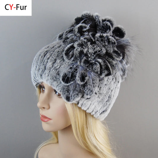 New Luxury Women Fur Hat For Winter Handmade Natural Rex Rabbit Fox Fur Cap Russian Female Fur Headgear Brand Warm Beanies Cap