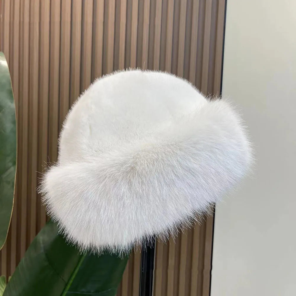 2024 Y2K Fluffy Faux Fur Bucket Hat Women Rabbit Fur Warm Thick Plush Winter Hat Lady Luxury Fashion Furry Panama Fisherman Cap