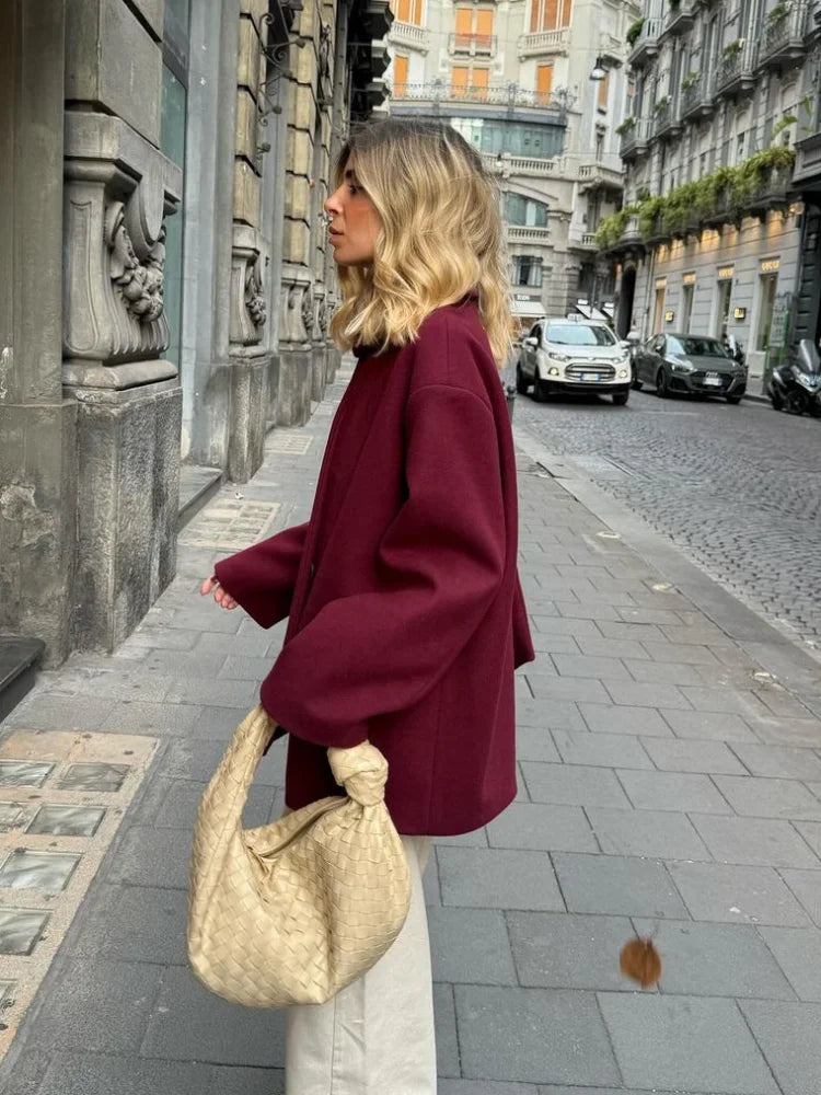 2024 New Fashion Burgundy Red Woolen Suit Jacket With Scarf Collar Women Chic Oversized Flip Pockets Solid Coats Lady Streetwear