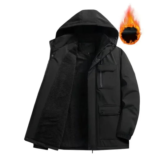 Men's Casual Warm Fleece Multi Pockets Jacket Chic Hooded Coat for Fall Winter Waterproof Jacket