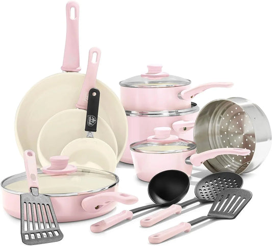 16 Piece Cookware Set, Non-Toxic PFAS-Free Ceramic Nonstick, Frying, Sauce, Saute, Utensils, Glass Lids, Stay-Cool Handles, Wobb