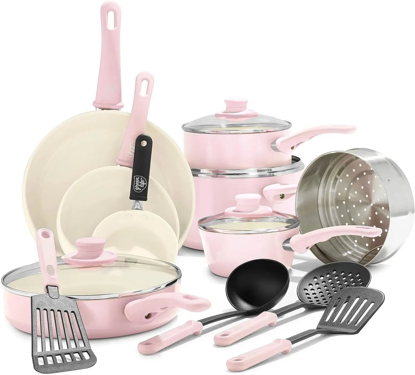 16 Piece Cookware Set, Non-Toxic PFAS-Free Ceramic Nonstick, Frying, Sauce, Saute, Utensils, Glass Lids, Stay-Cool Handles, Wobb