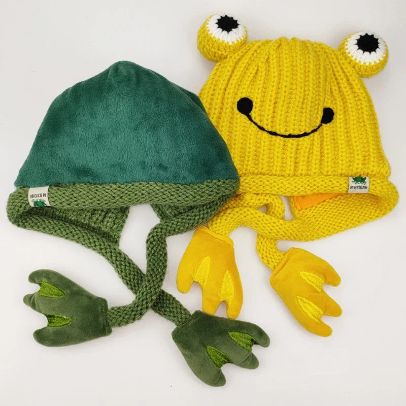 Parent-child Cute Frog Hat Autumn and Winter Warm Knitted Wool Hat Bonnets for Women and Men Cartoon Fisherman Caps