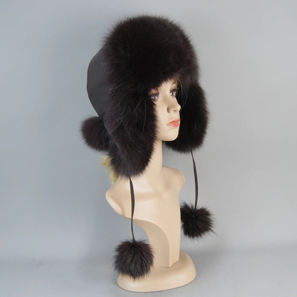 100% Real Fur Hat for Women Natural Silver Fox Fur Russian Ushanka Hats Winter Thick Warm Ears Fashion Bomber Cap