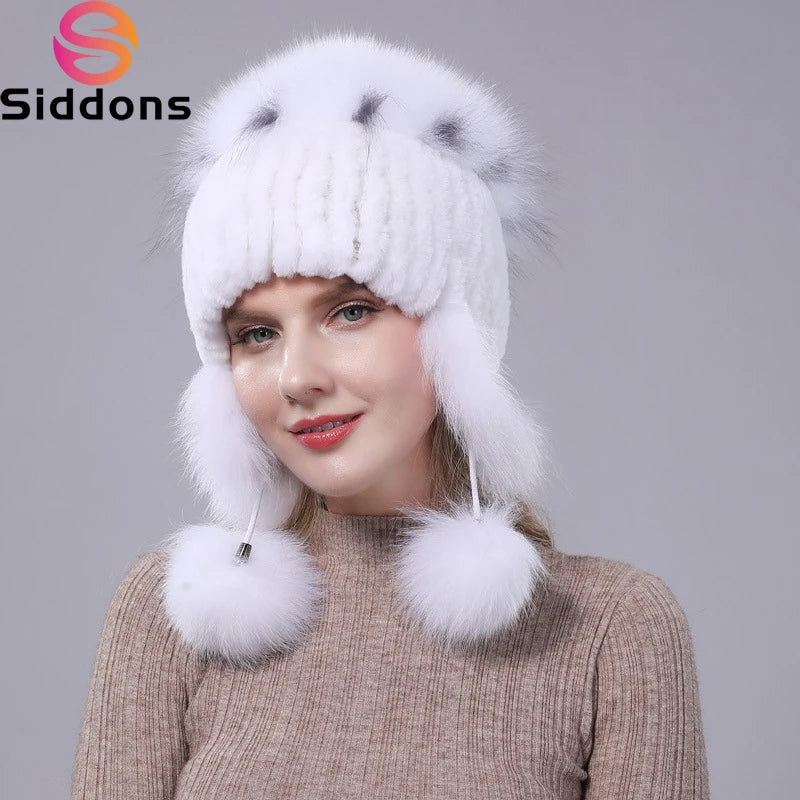 2024 New Winter Hat For Women Warm Natural Genuine Rex Rabbit Fur Knitted Hats With Ear Flaps Handsewn Fashionable Bomber Hat