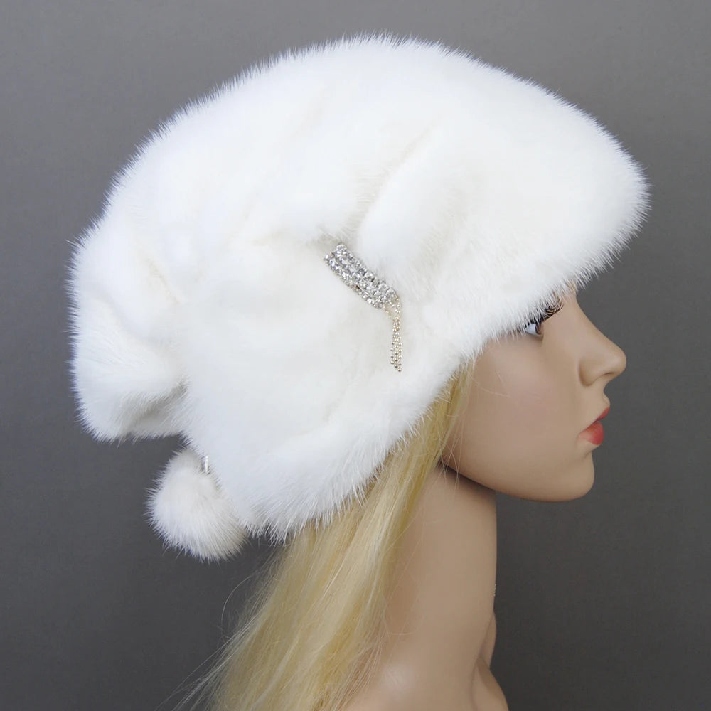 2024 Fashion Hot Whole Genuine Mink Fur Hats Female Winter With Mink Fur Pompons Elegant Luxury High Quality Ladies Beanie Hat