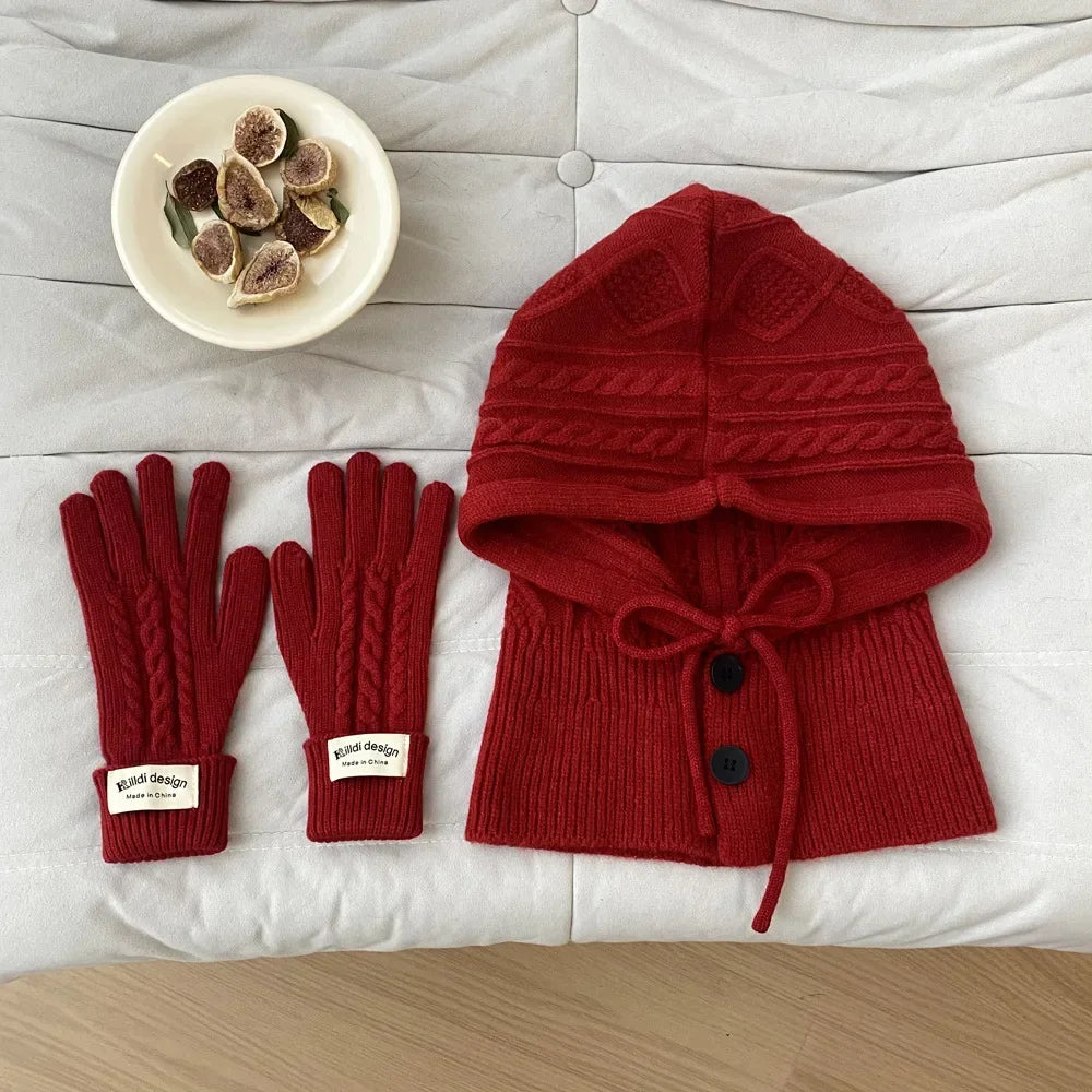 Winter Knitted Hat Gloves Set Warm Thicken Balaclava Imitation Cashmere Scarf Set Wool Korea Shawl Split Finger Pullover Hat