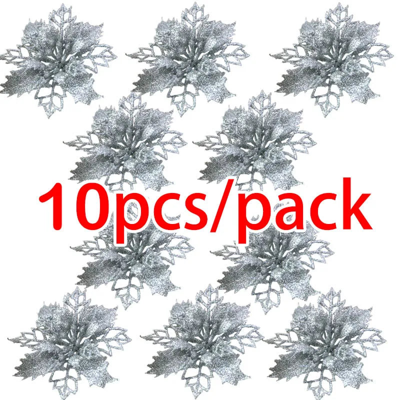 (10pcs) Artificial Christmas Tree Flower Glitter Decorations Xmas Ornaments New Year Gift