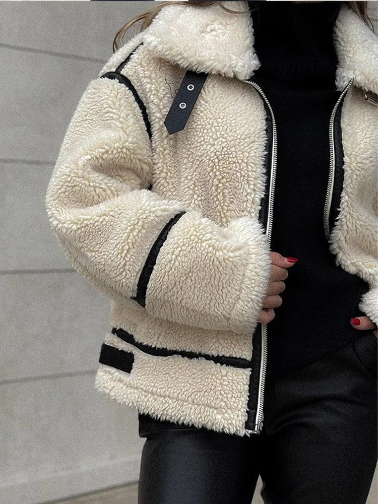 Women White Long Sleeve Patchwork Lamb Wool Coats Warm Lapel Zipper Adjustable Faux Fur Plush Jacket New Lady Winter Wear